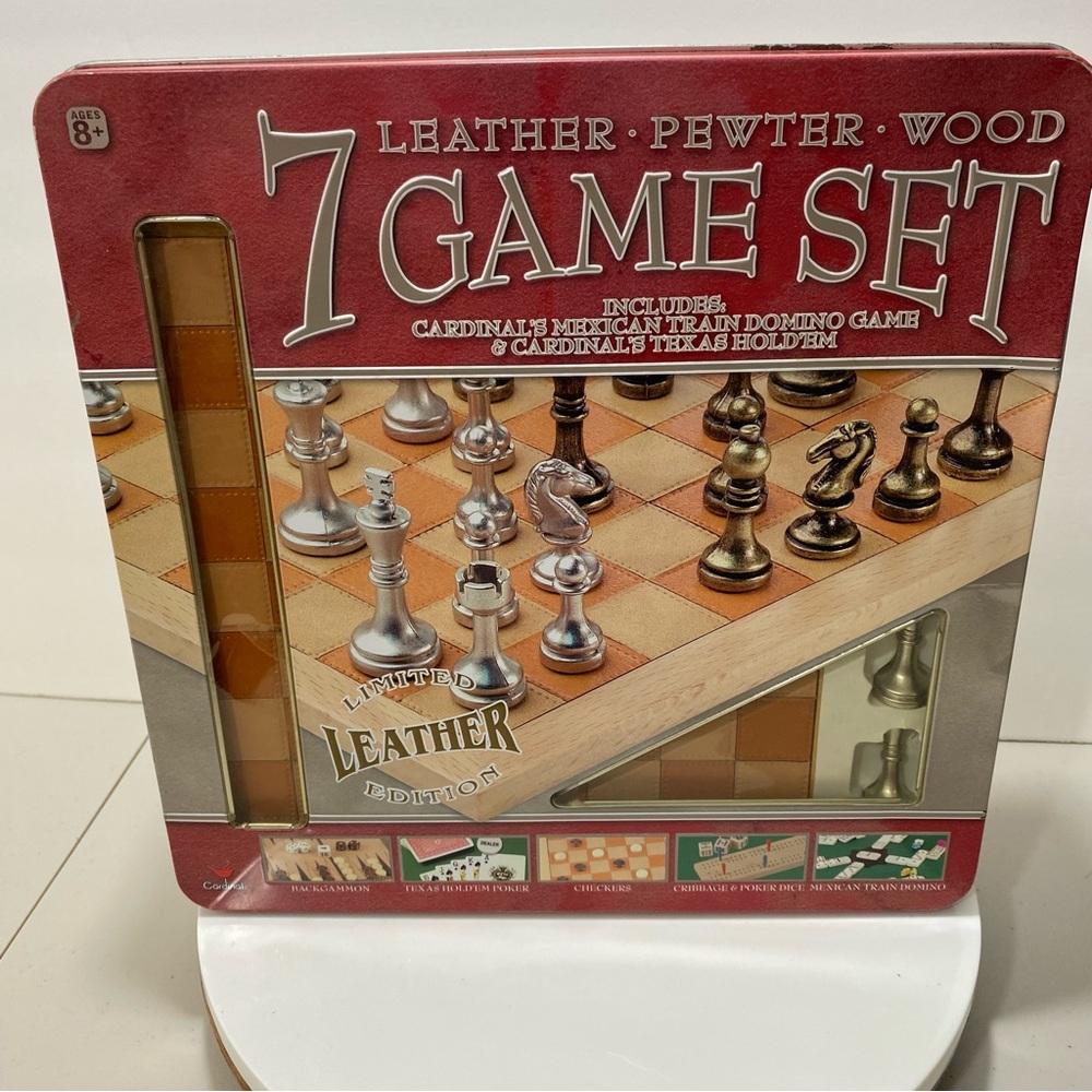 Cardinal 7 Game Night Set Limited Leather Edition Pewter Wood Poker Backgammon‎